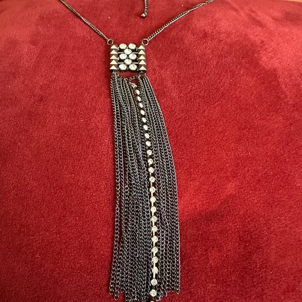 Vintage Silver Tassel Pendant Necklace with Rhinestone Accents